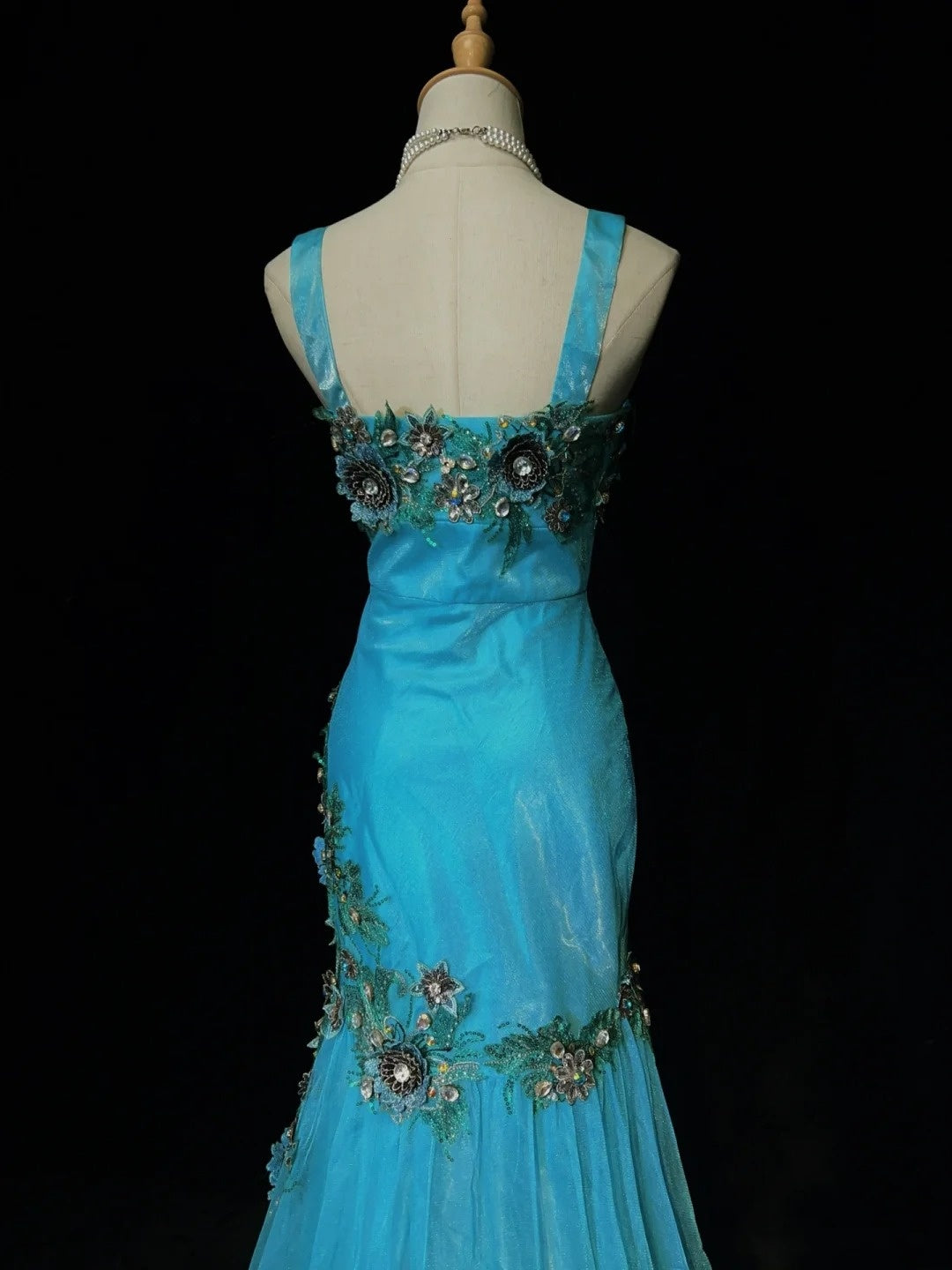 Vintage Prom Dresses Inspo Mermaid Straps Tulle Blue Long 1990s With Lace Appliqued Formal Gowns N3360