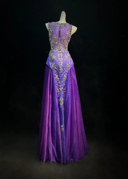 Vintage Mermaid Boat Neck Purple With Beading Tulle Floor Length Prom Dresses Inspo Evening Outfits RB4343