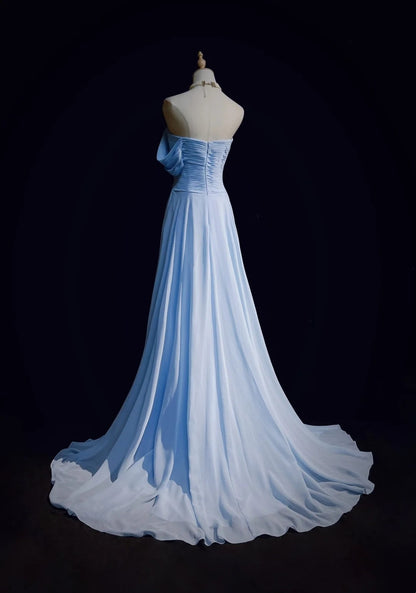 Vintage Prom Dresses Mermaid Off The Shoulder Light Blue 70s With Ruffles Chiffon Long Formal Party Dress N2517