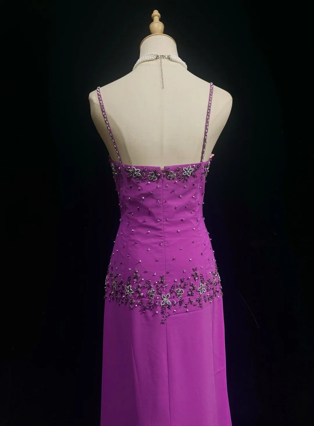Vintage Prom Dresses A Line Spaghetti Strap Grape Chiffon With Beading Split Long Formal Dress N2456