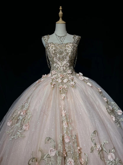 Princess Lace Square Neck Blush Pink Sweet 16 Dress Ball Gown Sleeveless Sweet Sixteen Dress RC0078