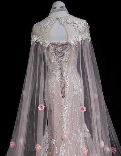 Vintage Prom Dresses Inspo Mermaid Scoop Pink Lace 1990s With Flowers Cape Formal Gowns N3317