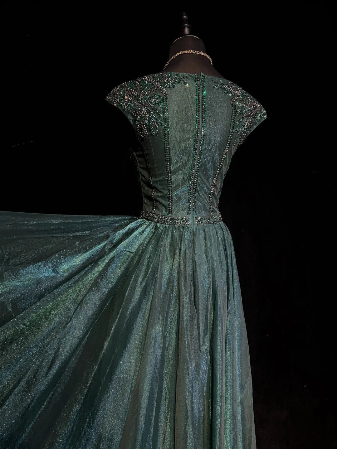 Vintage Prom Dresses A line Scoop Dark Green Tulle With Beading 90s Formal Gown N2590