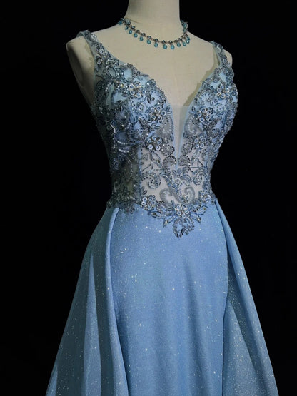Elegant Prom Dresses Inspo Mermaid V Neck Strap Blue Sequin With Ruffled For Women Formal Dress N3227