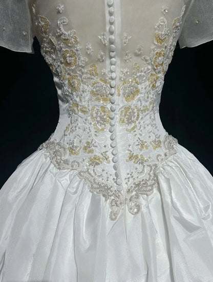 Princess Satin Off Shoulder White With Pearls Sweet 16 Dress Ball Gown Formal Party Sweet Sixteen Dress RC0112