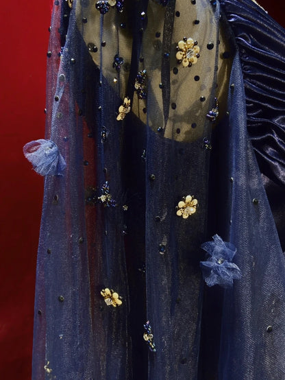 Vintage Prom Dresses Inspo A Line Empire V Neck Navy Blue Satin 90s With Sleeves Formal Gowns N3314