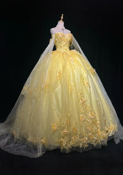 Fairy Quinceanera Dress Ball Gown Off The Shoulder Yellow Flowers Tulle With Lace Quince Dresses RC1136