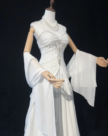 Timeless Wedding Dresses Mermaid Spaghetti Strap White Chiffon With Scarf Long Bridal Gown N3063