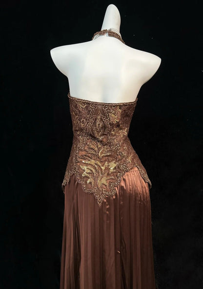 Vintage Prom Dresses 80s A Line Halter Chocolate Satin Long With Beading Evening Formal Outfits RB5137