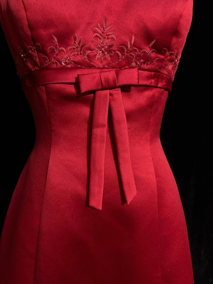 Vintage Prom Dresses Inspo A line Square Neck Red Satin 80s Long Formal Gowns With Cape N2857