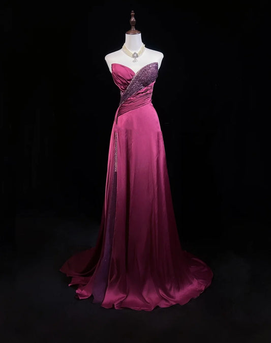 Vintage Prom Dresses A line Sweetheart Hot Pink Satin 70s With Beads Long Formal Gown N2530