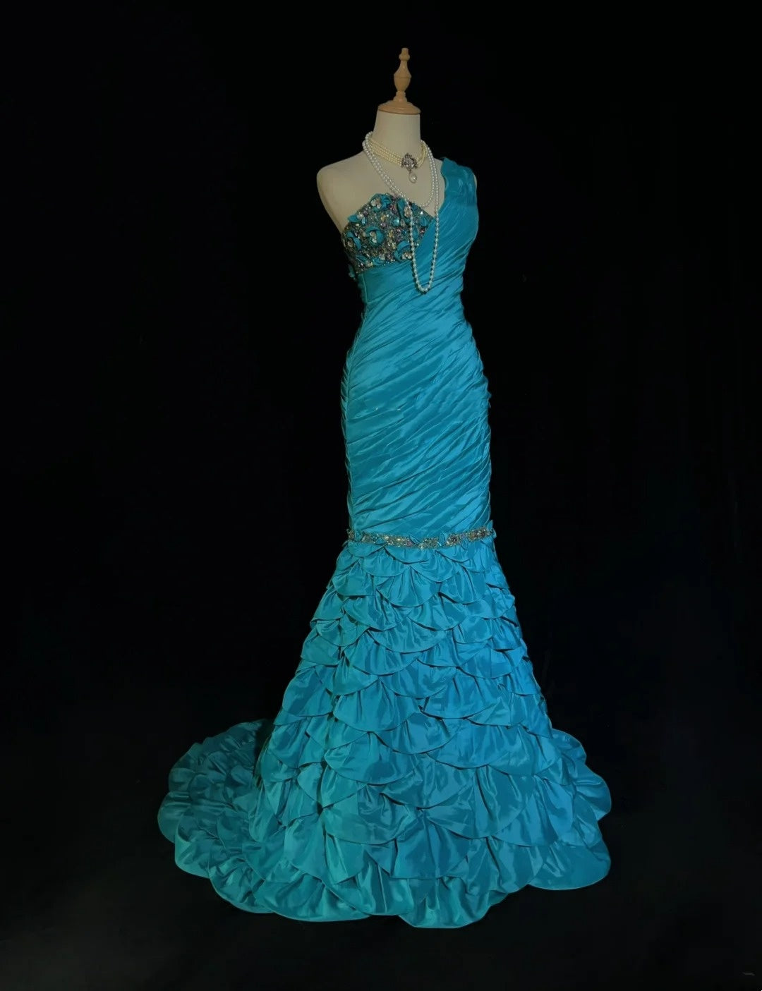 Vintage Prom Dresses Mermaid One Shoulder Retro Style Blue Taffeta With Beaded 90s Long Evening Gown N2905
