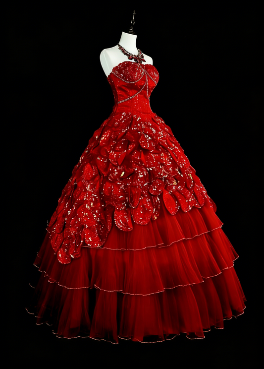 Cute Ball Gown Strapless Burgundy With Tiered Layers Ruffles Long Party Gowns Prom Dresses N2147