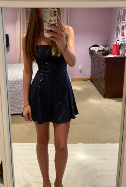 Shiniest Star Sequin Mini Dress A line Navy Blue Sequin Graduation Gowns High School For 8th Grade Homecoming Dress RB3323