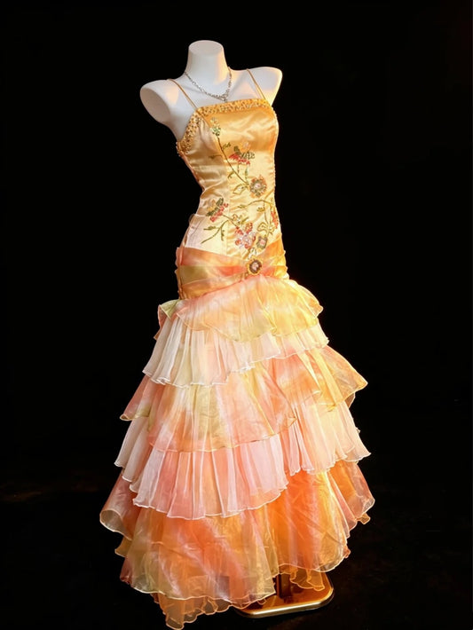 Vintage Prom Dresses 90s Formal Mermaid Spaghetti Strap Gradient Colors Orange With Beadings Long Party Gowns N4476