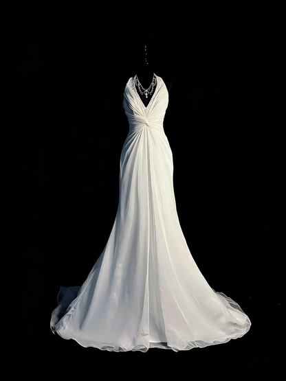 Modest Mermaid V Neck White Chiffon College Formal Outfit Long Prom Graduation Dresses For Teens N1184