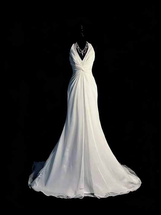 Modest Mermaid V Neck White Chiffon College Formal Outfit Long Prom Graduation Dresses For Teens N1184