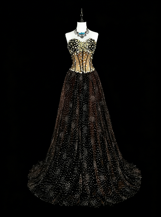 Vintage Prom Dresses Aesthetic 1970s Retro Ball Gown Strapless Black Tulle Long Formal Dress N2153
