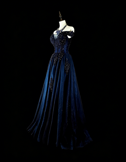 Vintage A line Off The Shoulder Navy Blue Tulle 90s Evening Gowns Formal Birthday Dress Long Prom Dresses N1752