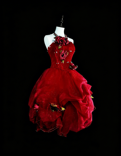Cute Ball Gown Strapless Burgundy Tullle With 3D Appliques Short Mini Homecoming Dresses N2384