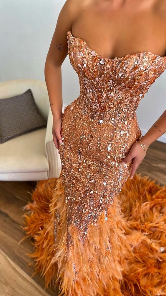 Dreamy Orange Sequin Sweetheart Sleeveless Prom Dresses Mermaid Sheath With Feathers Beading For Women N4054