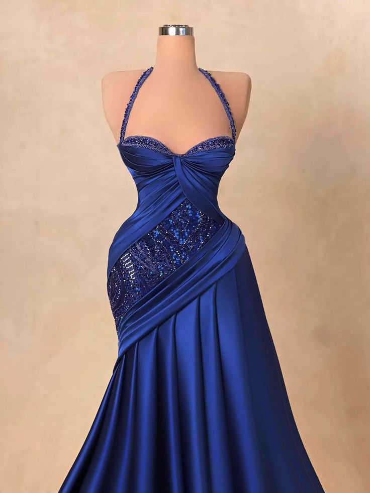 Sexy Mermaid Halter Royal Blue Satin Evening Dresses Night Date Prom Dress For Women AB2549