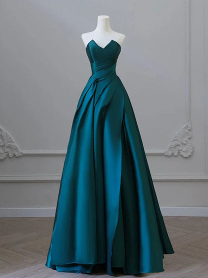 A-Line Sweetheart Satin Green Long Prom Dress Green Satin Long Formal Evening Dress AB199