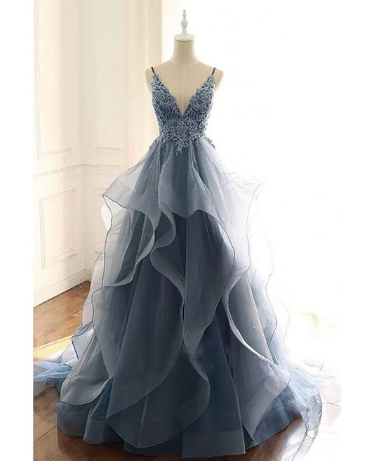 Beautiful Vneck Sequined Lace Ruffled Blue Prom Dress With Straps N1783