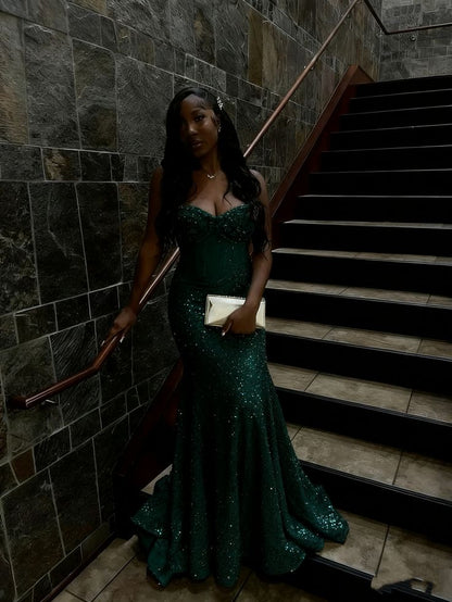 Modest Sweetheart Mermaid Gold Sequin Long Prom Dresses Formal Party Gown For Women AB1528