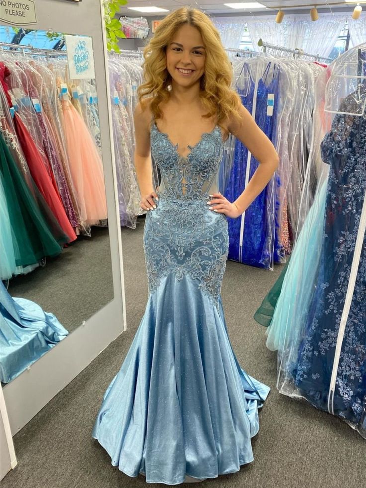Appliqued Mermaid Light Blue Lace Spaghetti Straps Pageant Formal Prom Dresses AB725