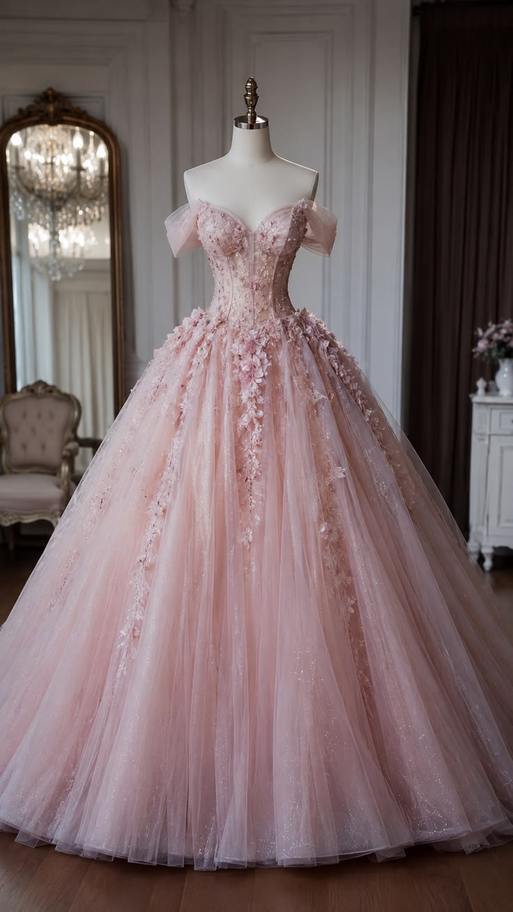 Luxury Princess Ball Gown Inspiration 2026 | Pink Tulle With Flowers Long Quince Dress Quinceanera Dresses Birthday Outfits RB8215