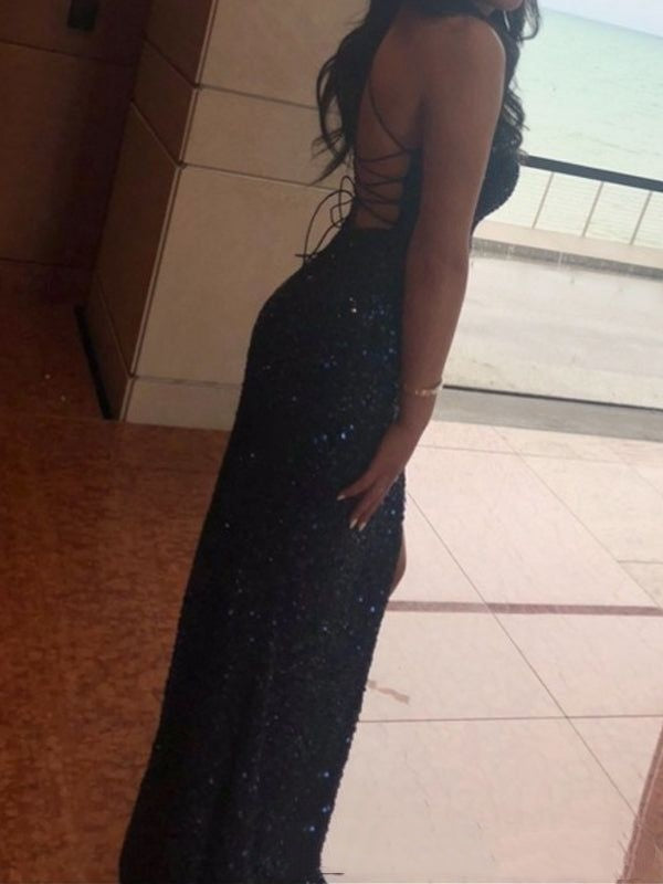 Elegant Mermaid Navy Blue Sequins Spaghetti Straps Long Evening Prom Dresses AB697