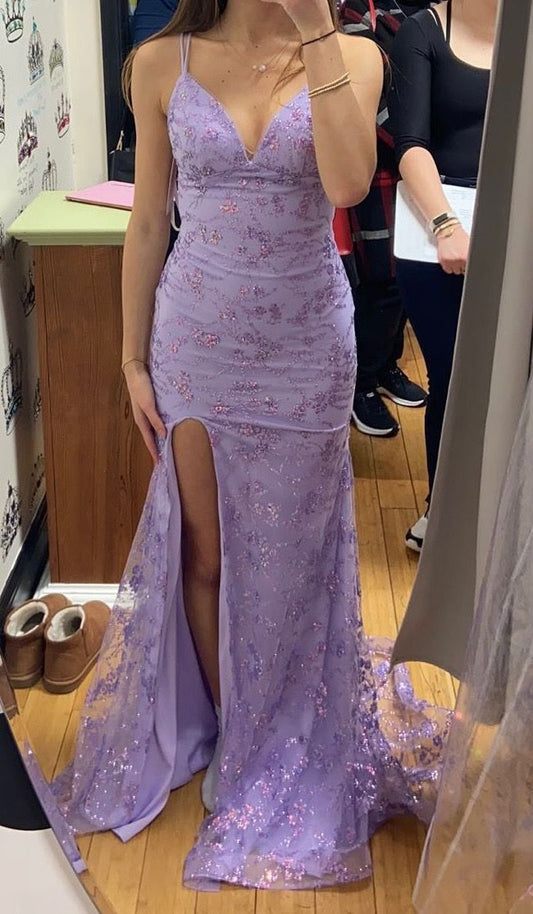 Glitter Mermaid Spaghetti Straps Lilac Open Backs Long Prom Dresses Formal Party Dress Evening Gown AB1240