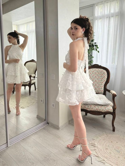 Fancy Ball Gown Halter White Lace Mini Senior Inspo Short Party Formal Homecoming Dresses RB3005