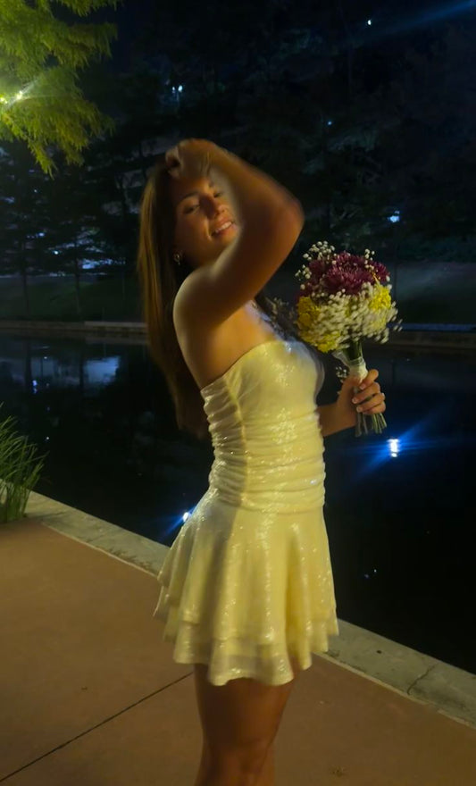 Cute Homecoming Dresses Outfit inspo A line Strapless Yellow Sequin 16th Birthday Cocktail Ideas Outfits RB8319