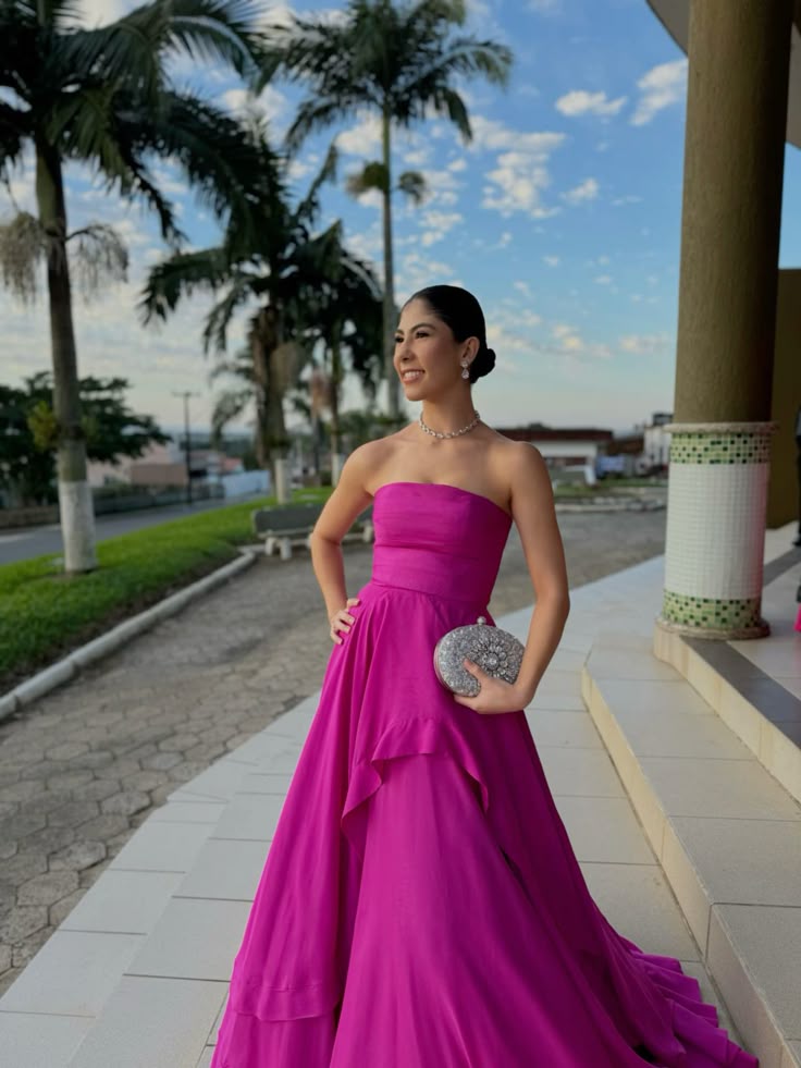 Classy A Line Strapless Satin Hot Pink Sleeveless Long Prom Dresses Classy Prom Party Gowns AB233