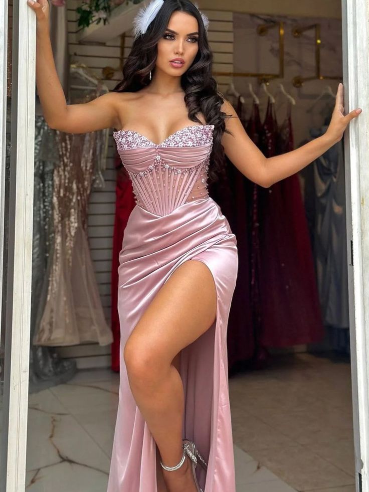 Modest Mermaid Sweetheart Pink Split Prom Dresses Inspo For Teens Formal Dress Party Outfits Prom Gowns AB064