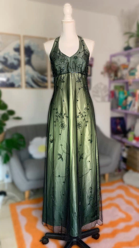 Vintage Prom Dresses A Line Halter Gradient Colors Green With Beading Long 90s Evening Formal Dress RB3336