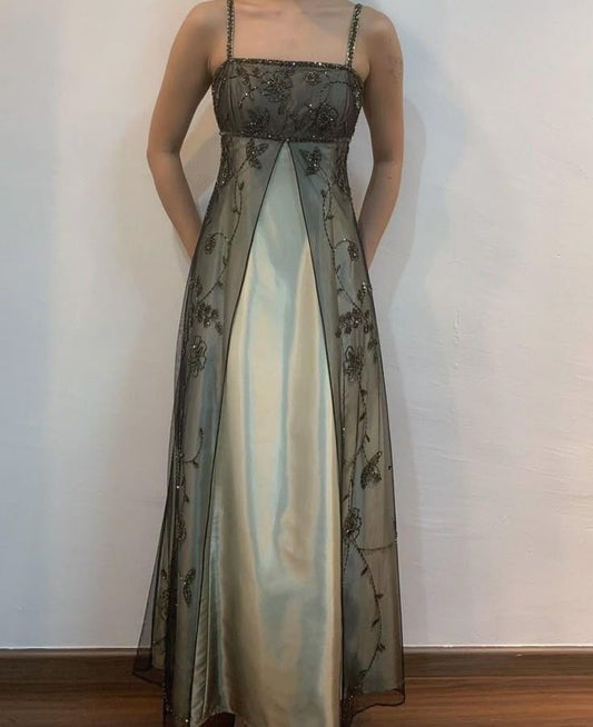 Vintage Prom Dresses Spaghetti Strap Green With Beading Long 90s Evening Formal Dress RB3335