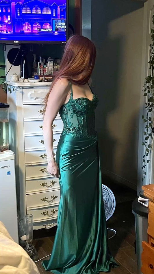 Simple Mermaid Spaghetti Straps Silky Satin Dark Emerald Green Long Prom Dresses Impress 19th Birthday Outfits Party Gown N245