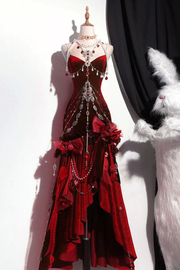 Vintage Mermaid Spaghetti Strap Burgundy Velvet Long Prom Dresses Impress 16th Birthday Outfits Prom Gown RB1643