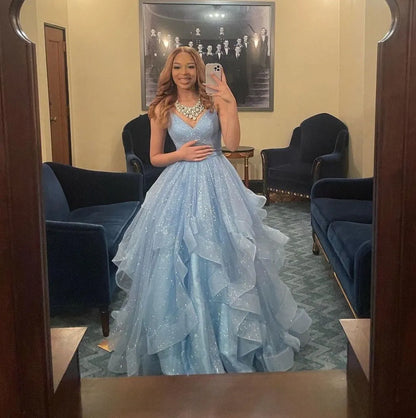 Sexy Ball Gown Spaghetti Straps Light Blue Tulle Prom Dresses Inspiration Prom Dress Princess Party Birthday Graduation Dress B380
