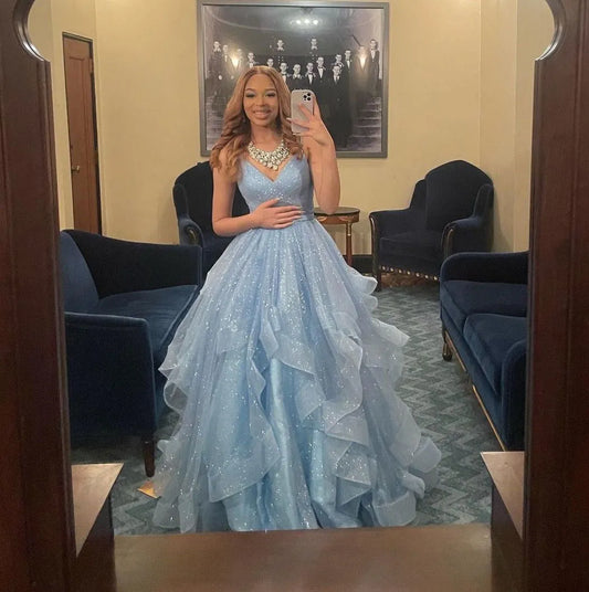 Sexy Ball Gown Spaghetti Straps Light Blue Tulle Prom Dresses Inspiration Prom Dress Princess Party Birthday Graduation Dress B380