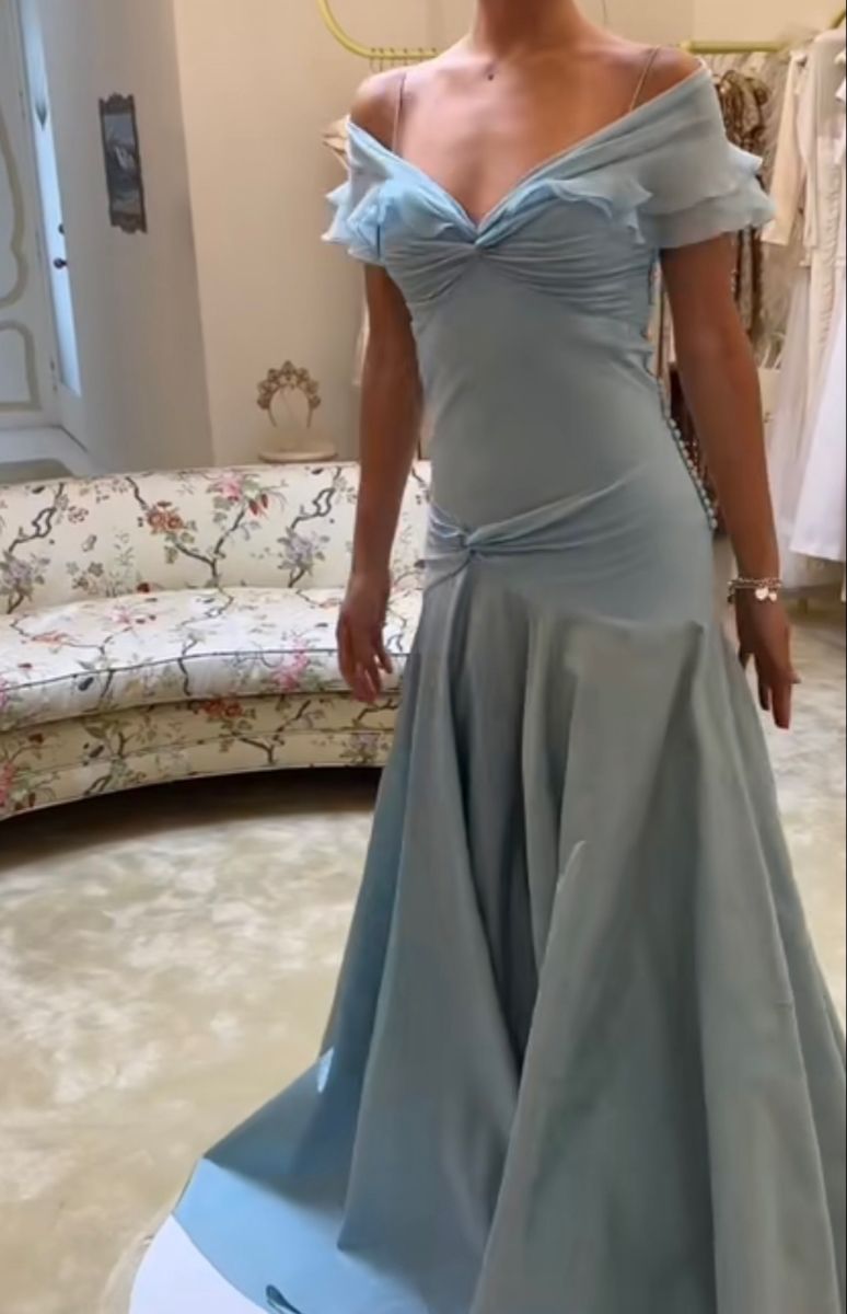 Elegant Mermaid Off The Shoulder Blue Chiffon Long Prom Dresses Evening Gowns Vestidos De Dia AB579