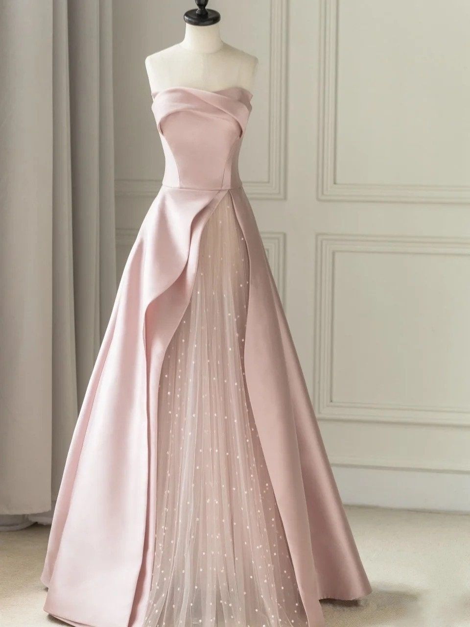 Charming A line Strapless Black Satin Pink Tulle Prom Dresses Vestidos De Dia AB536