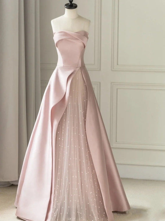 Charming A line Strapless Black Satin Pink Tulle Prom Dresses Vestidos De Dia AB536
