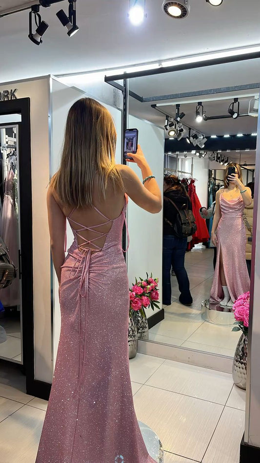 Aesthetic Mermaid Spaghetti Straps Pink Sequins Long Formal Dresses Evening Prom Dress AB639