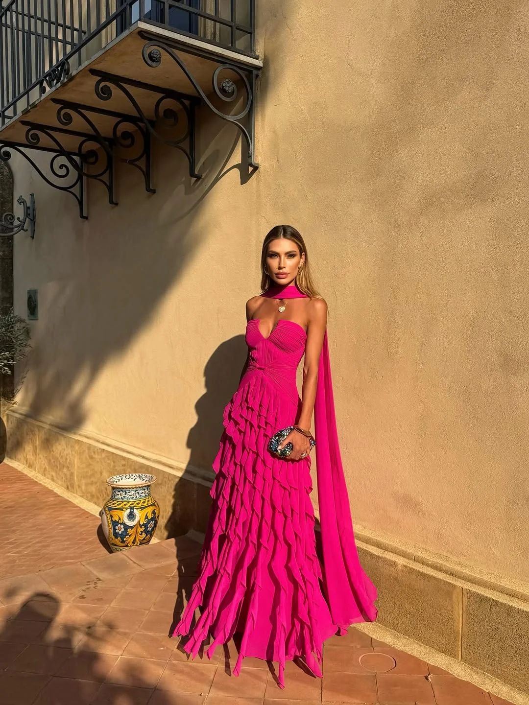 Graceful A line Fuchsia Straight Across Pleated Sleeveless Prom Dress With Scarf Formal Evening Dress Party Gowns AB419