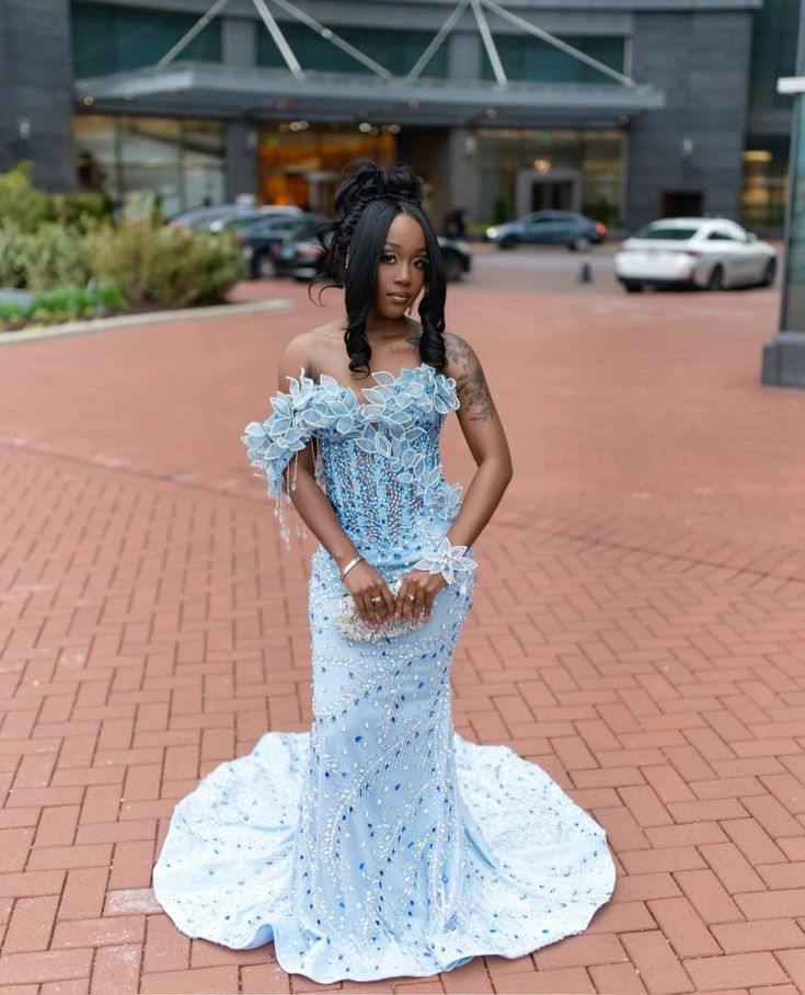 Sparkly Mermaid Strapless Blue Sequin With Beading Evening Dresses Night Date Prom Dress For Blak Girls Women AB2564