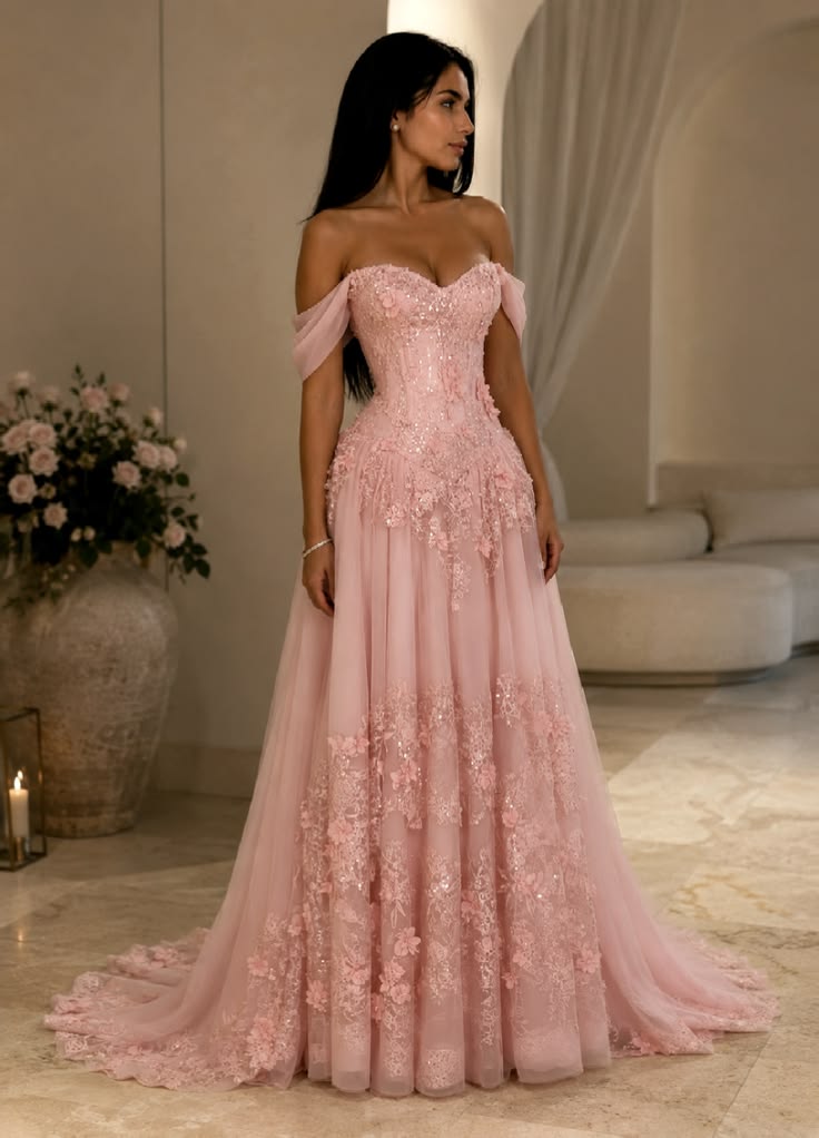 Fairytale Pink Prom Dress Ball Gown Off The Shoulder Lace Princess Long Party Evening Formal Gown RC1161